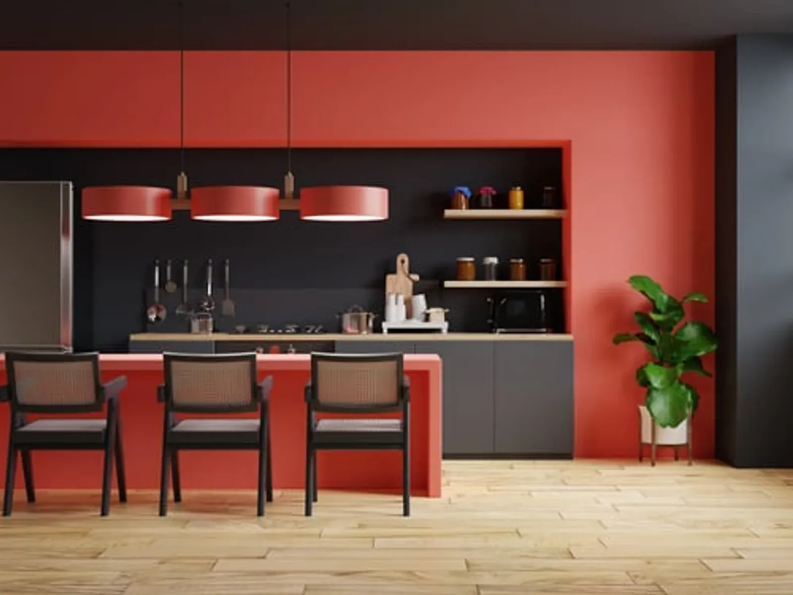 Contemporary kitchen with bold red custom-painted cabinetry and dark accents